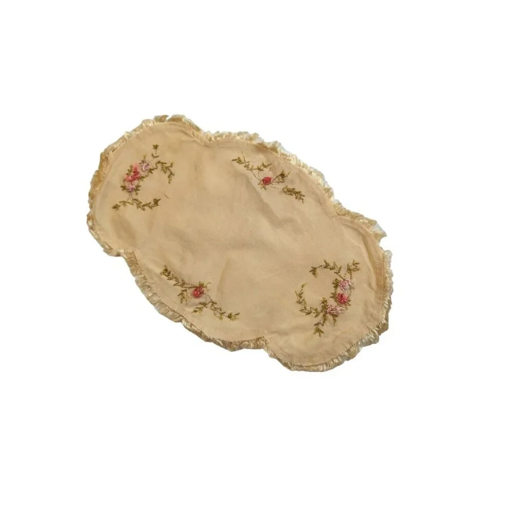 Vintage Floral Embroidered Doily Cream Oblong Table Runner Fringe Trim 15.5x9.5‎